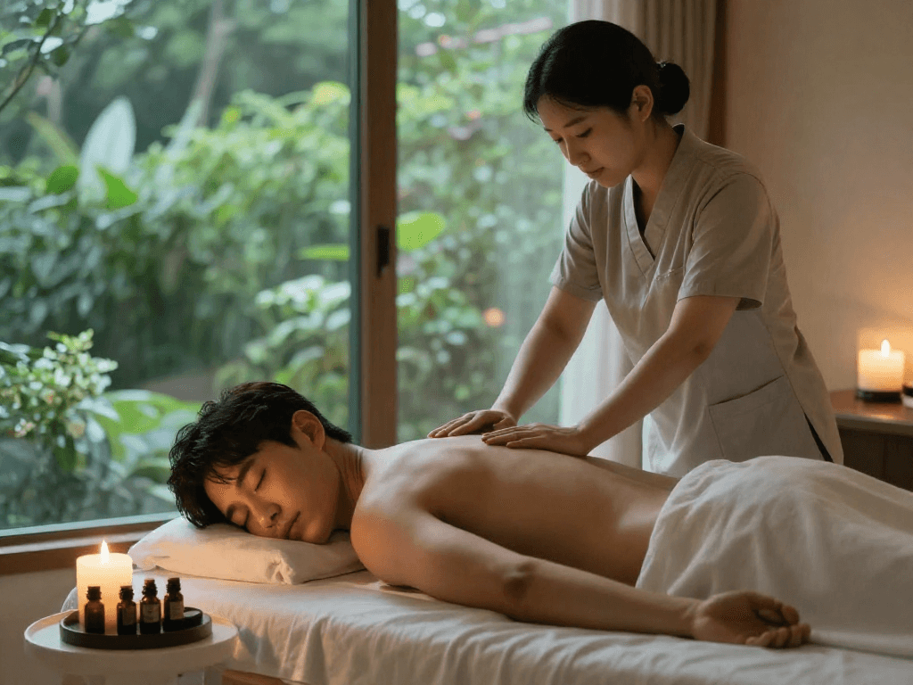 편안한 제주마사지 환경에서 남성이 마사지 받는 모습