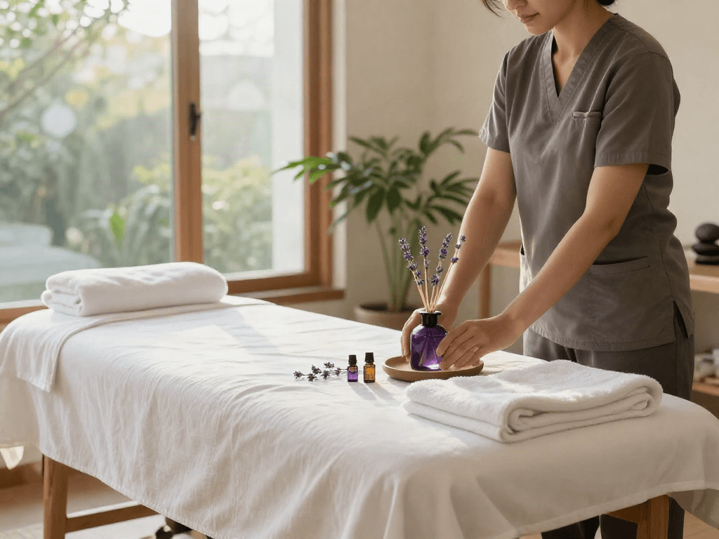 하남출장마사지 therapist preparing a relaxing spa environment with essential oils and peaceful decor.