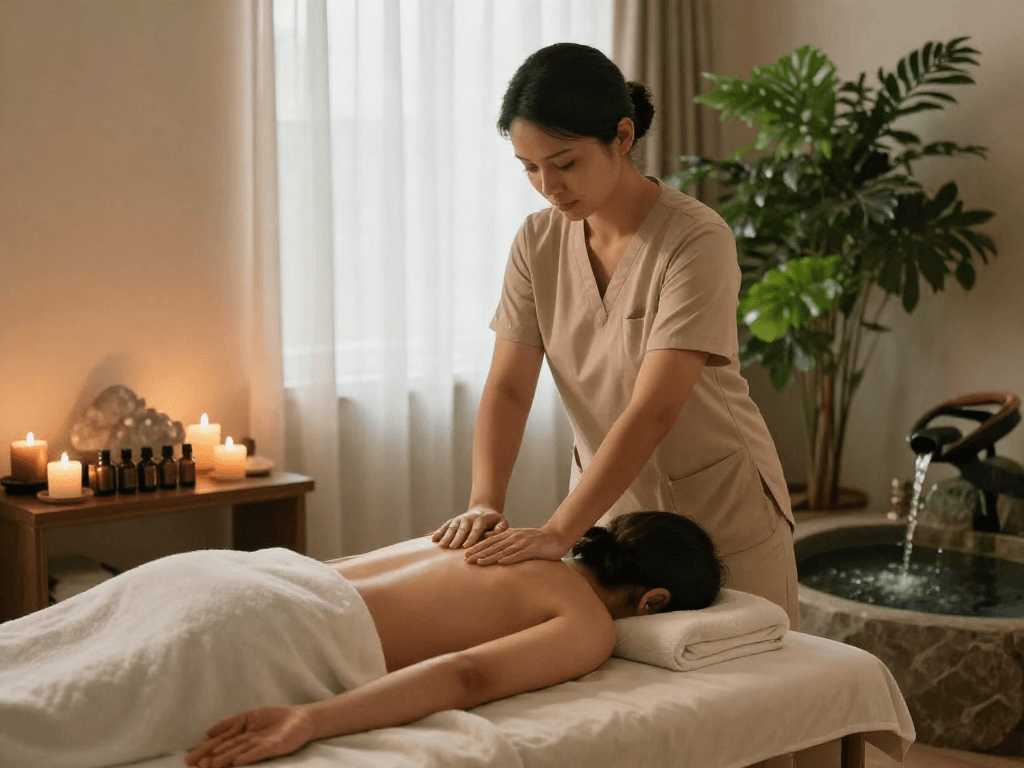 Relaxation massage therapy scene showcasing 동작구출장마사지 in a tranquil spa.