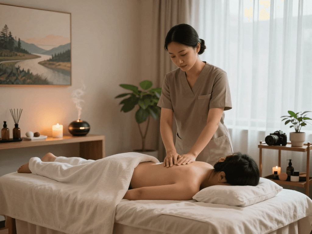 Experience 출장마사지 in a tranquil massage studio with essential oils and soft lighting.
