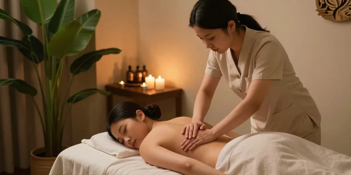 마사지 중인 고객과 전문 치료사가 평화로운 스파 환경에서 편안함을 느끼는 모습