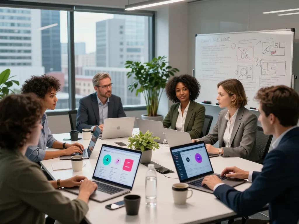 Collaborative professionals discussing ai sex technology solutions in modern office.