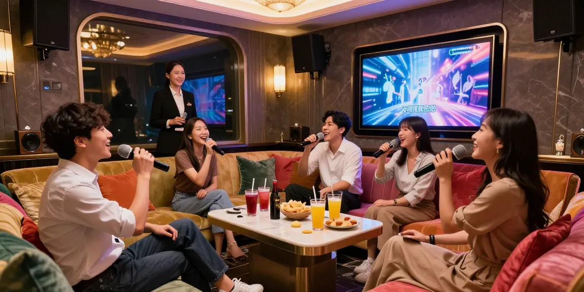 강남가라오케에서 친구들과 함께 노래를 부르며 즐기는 고급스럽고 아늑한 공간의 모습