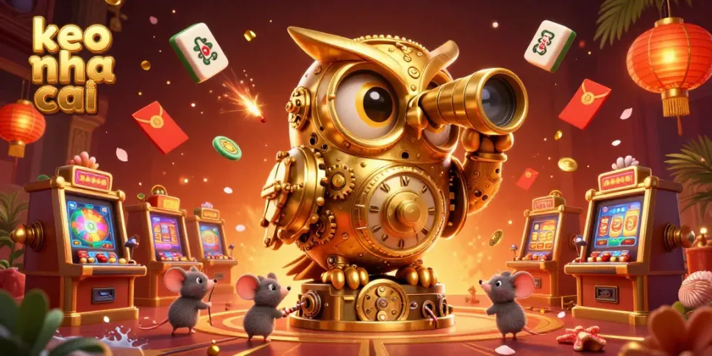 Explore keo nha cai with exciting casino elements in this vibrant digital illustration showcasing a golden owl and mouse patrons.