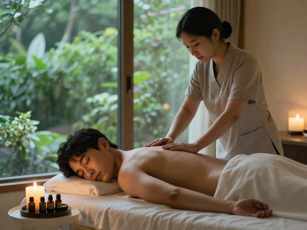 편안한 제주마사지 환경에서 남성이 마사지 받는 모습