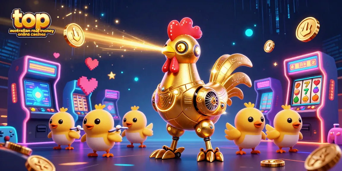 Experience excitement at top Australian real money online casinos with vibrant 3D illustration featuring a robot and gaming elements.