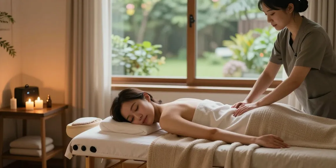 노원출장안마을 위한 아늑한 마사지 장면, 마사지 테이블에 누워 휴식 중인 여성과 주변의 아로마 오일과 촛불