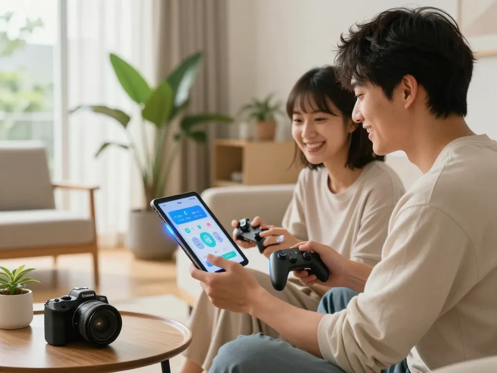 Couple interacting with smart tech gadgets in a modern living room, showcasing smart home integration.