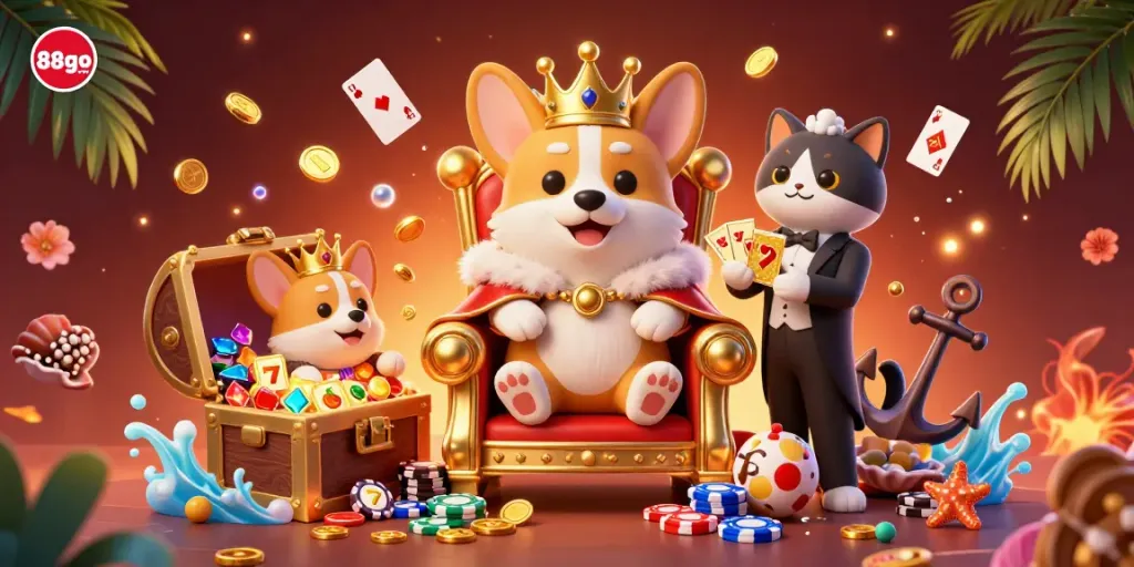 Engage with exciting games at 88go com featuring a royal corgi and casino elements in a vibrant scene