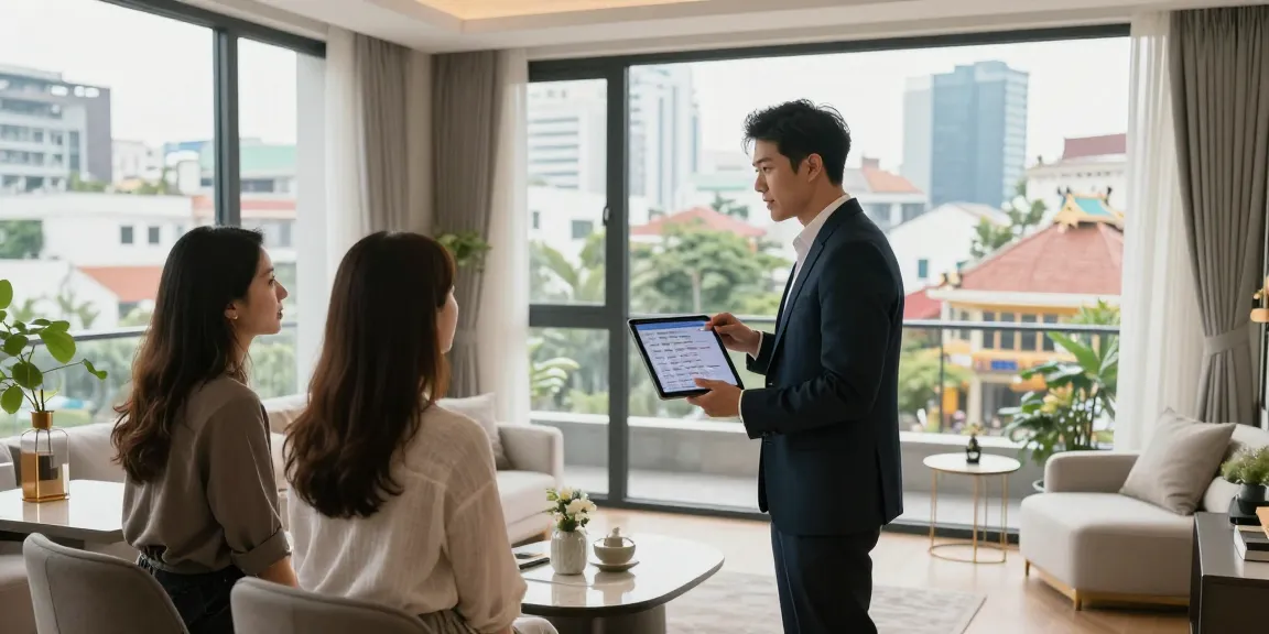 하노이 부동산의 최신 아파트를 소개하는 부동산 중개인과 고객의 상호작용 이미지