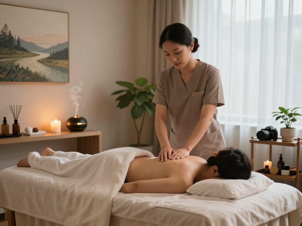 Experience 출장마사지 in a tranquil massage studio with essential oils and soft lighting.