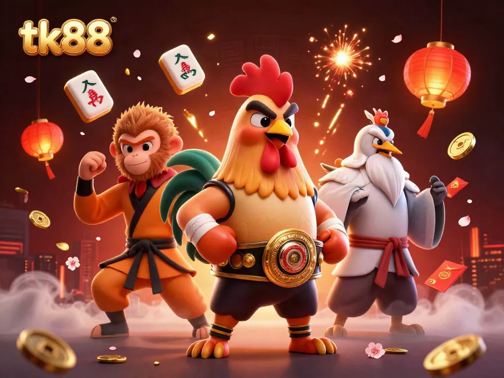 Experience thrilling gameplay at tk88 with 3D casino characters like a Muay Thai rooster and Shaolin monkey.