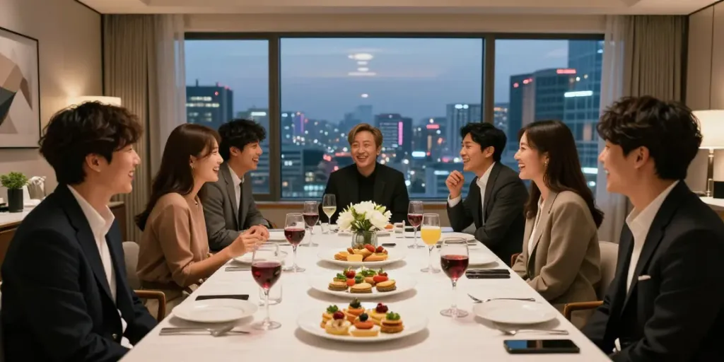 강남구구단에서 즐거운 대화를 나누는 단체 모임의 고급스러운 독립 룸 모습