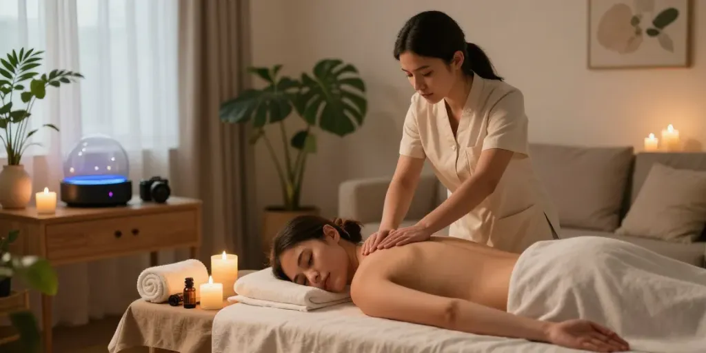수원출장마사지에서 편안하게 마사지 받고 있는 모습과 아로마 오일.