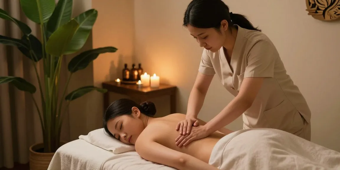 마사지 중인 고객과 전문 치료사가 평화로운 스파 환경에서 편안함을 느끼는 모습