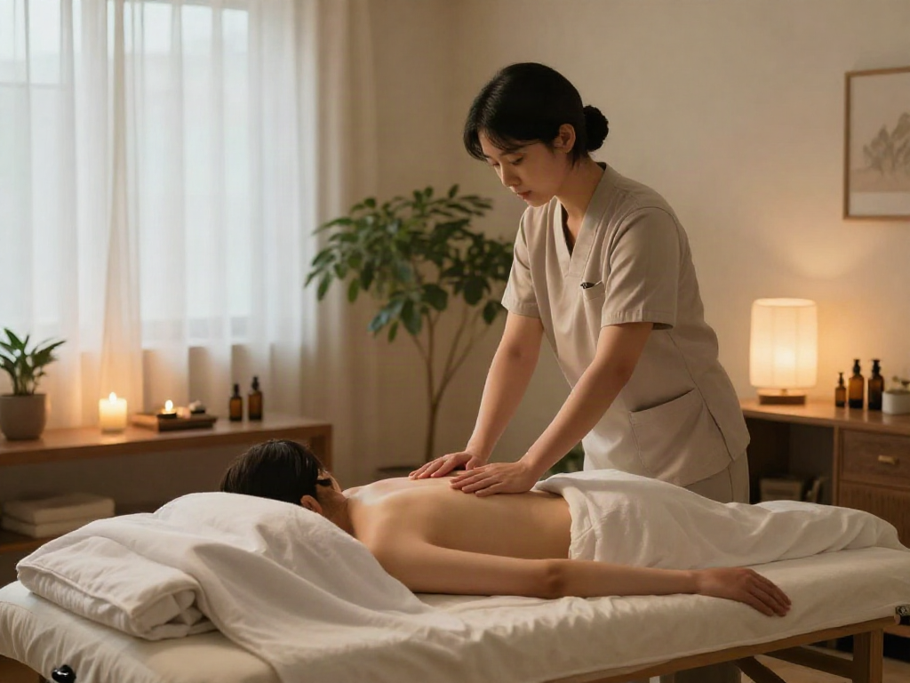 Comfortable home massage setting featuring 강동구출장마사지 services with therapist preparing tranquil environment.