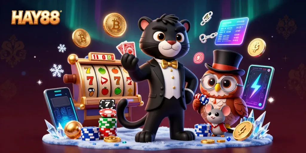 Engage with HAY88's thrilling atmosphere featuring a panther dealer, owl, and mouse surrounded by vibrant slot game elements.
