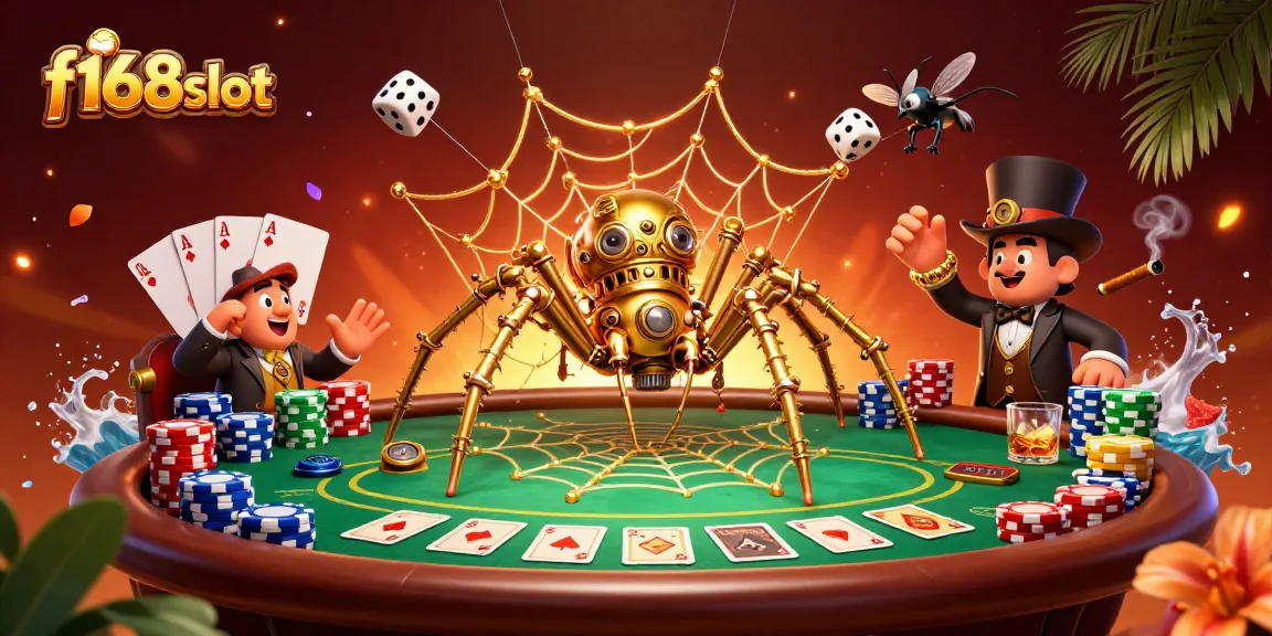Experience the thrill of f168slot as the golden spider catches unlucky dice in this captivating casino scene.