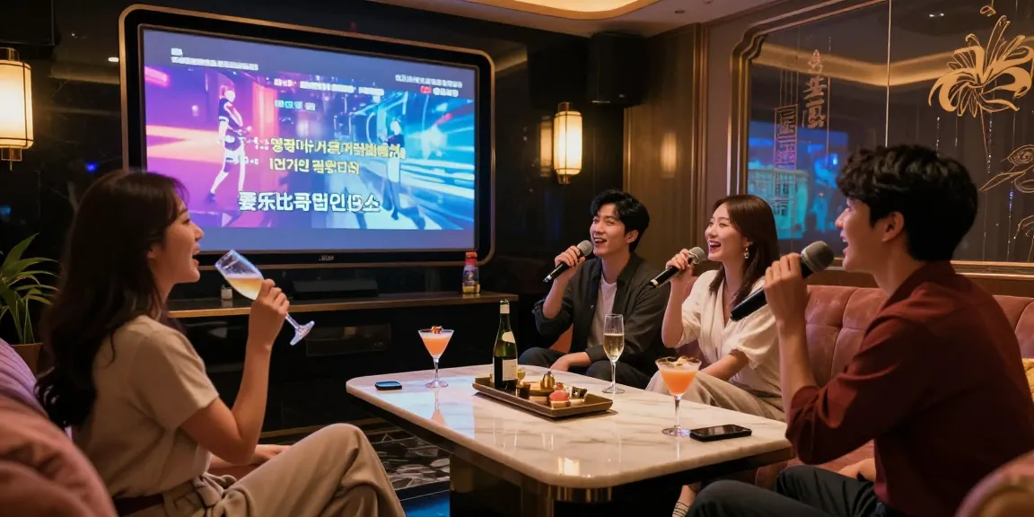 강남가라오케에서 친구들과 함께 노래를 부르며 즐거운 시간을 보내는 화려한 프라이빗 룸 모습