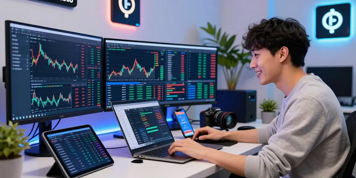 Engaged cryptocurrency trader analyzing market trends and prices on 업투익스체인지.