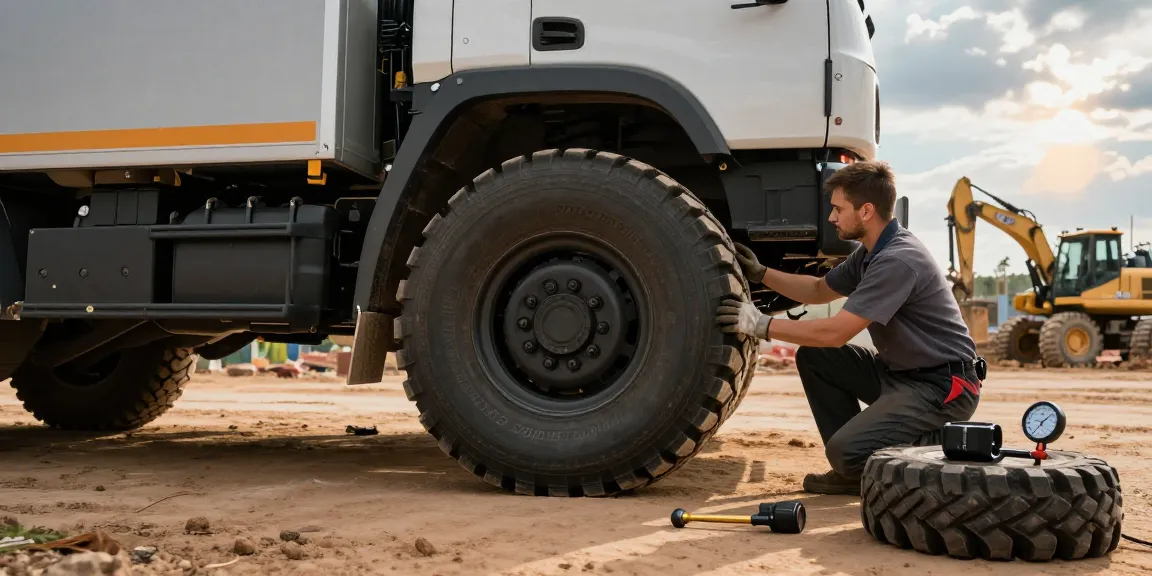 RR99 tires on a rugged truck being inspected by a mechanic, showcasing their durability in mixed-service conditions.
