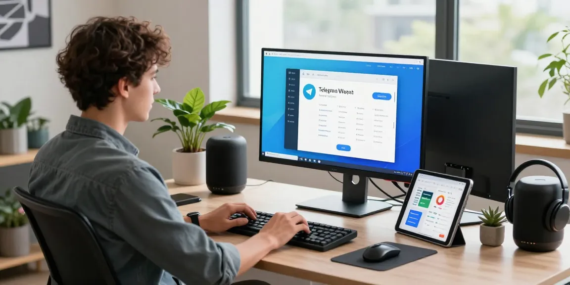 Experience the Telegram web version in a modern tech workspace, showcasing productivity and innovation.