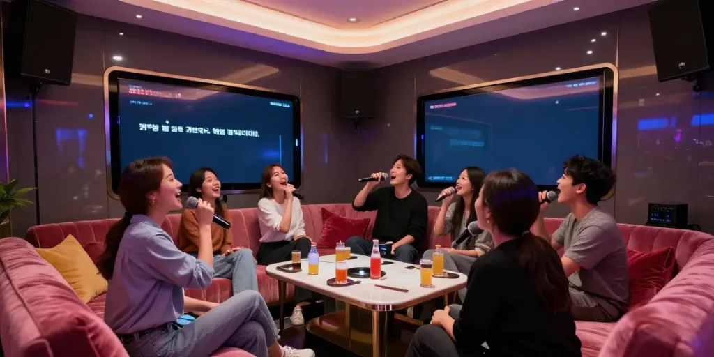 강남 달토에서 친구들과 즐거운 시간을 보내는 고급 가라오케 룸