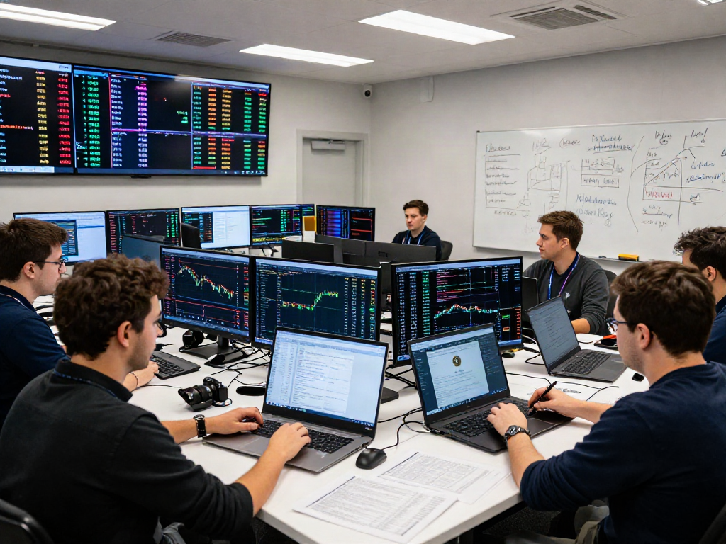 BTC 가격 분석 중인 암호화폐 트레이더들이 활기찬 거래 사무실에서 차트를 모니터링하고 있는 모습.
