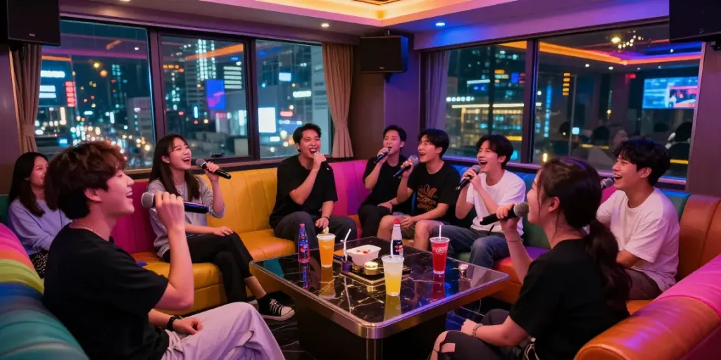 강남 달토에서 손님들이 노래 부르며 즐기는 모습의 생동감 넘치는 장면