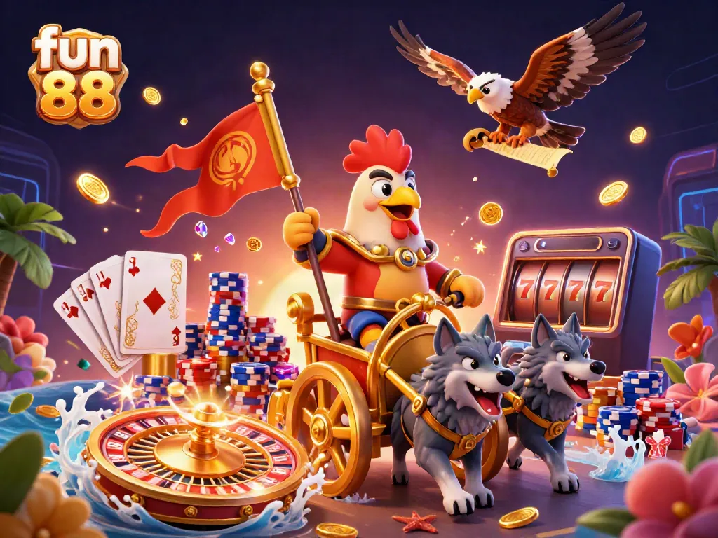 Engage in fun 88 with a dynamic illustration of a rooster warlord in a golden chariot amidst luxury casino elements.