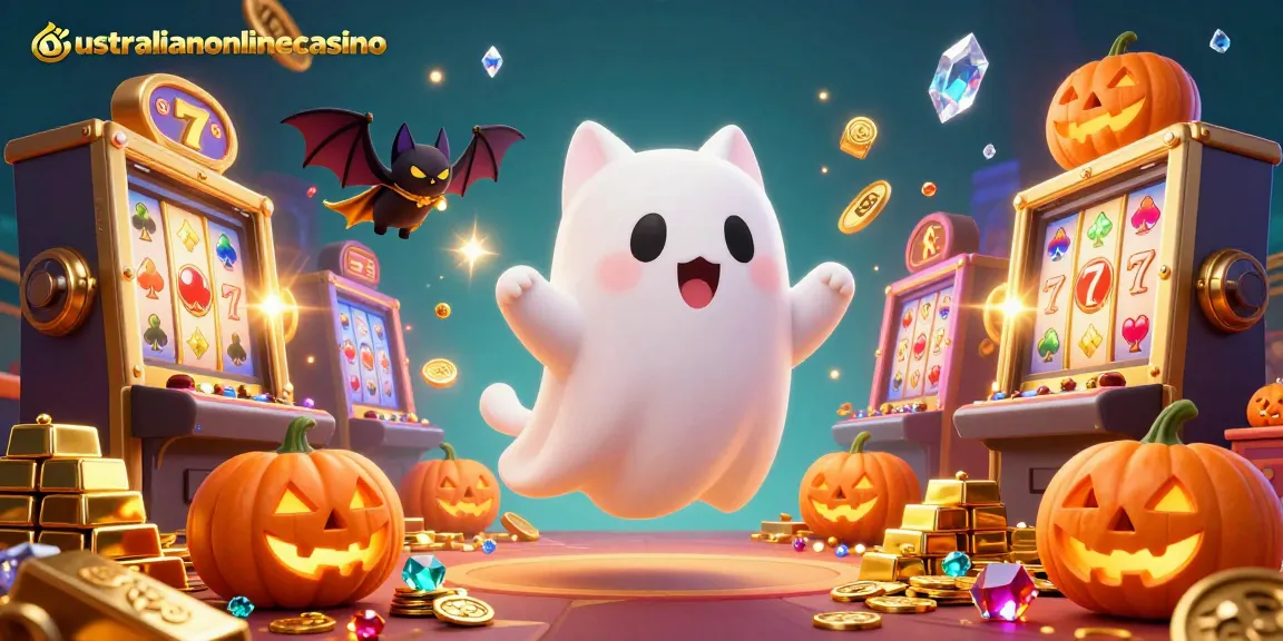 Engage with online gaming excitement at australianonlinecasino featuring a whimsical ghost cat in a vibrant casino.