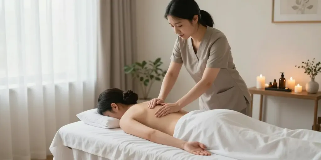 경기광주출장마사지 전문 마사지를 받는 고객과 치료사의 편안한 실내 마사지 장면