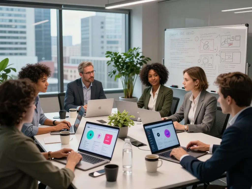 Collaborative professionals discussing ai sex technology solutions in modern office.