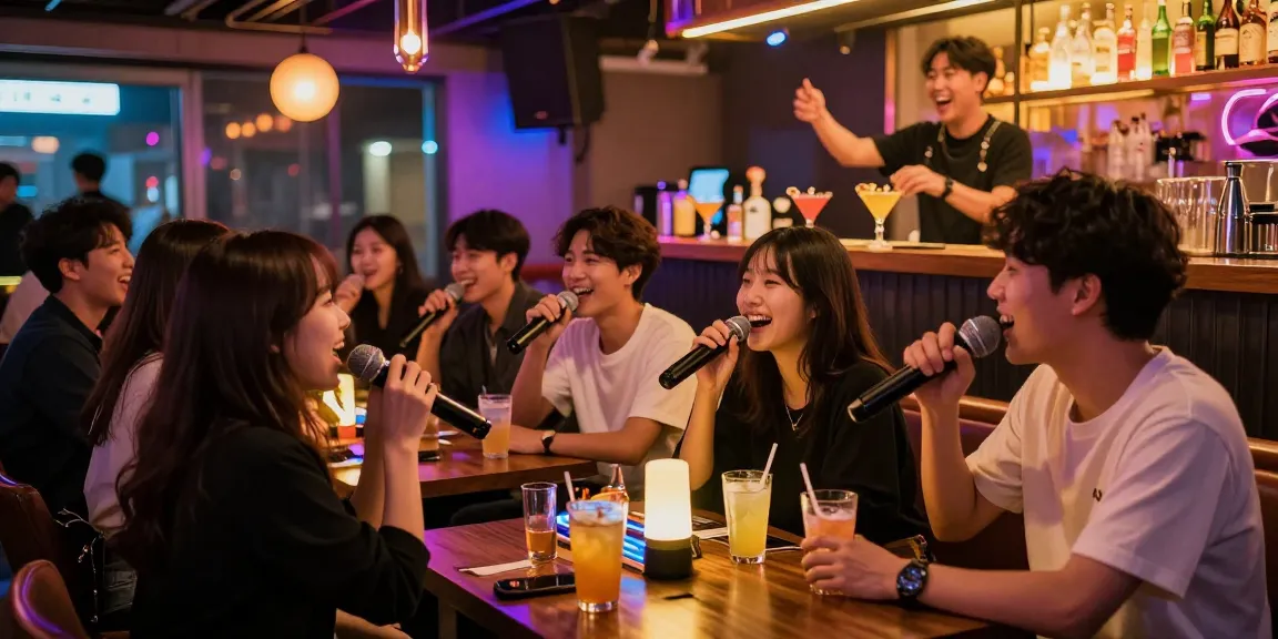 인천쓰리노에서 즐겁게 노래하고 음료를 마시는 사람들, 화려한 네온 조명 아래 활기찬 분위기.