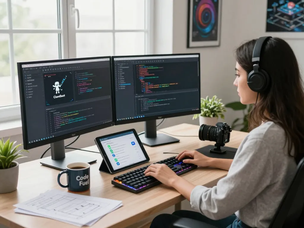 Developer using Clawdbot AI on dual monitors in a modern workspace.