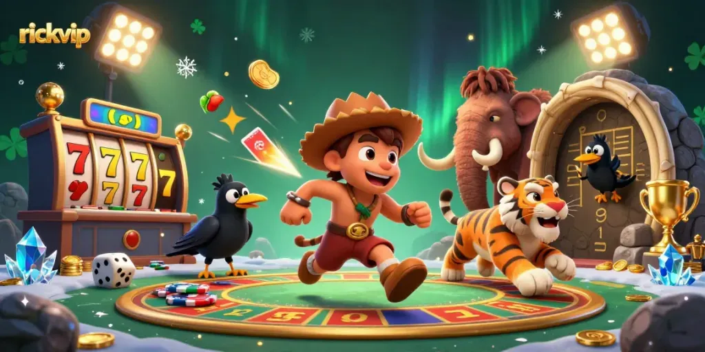 Exciting scene at rickvip showcasing a prehistoric casino with a caveman, tiger, and crow among slot reels.