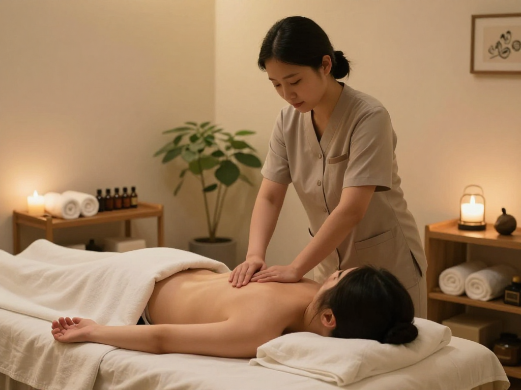 Relaxing 강서구출장마사지 in a tranquil massage studio setting with a therapist and serene ambiance.