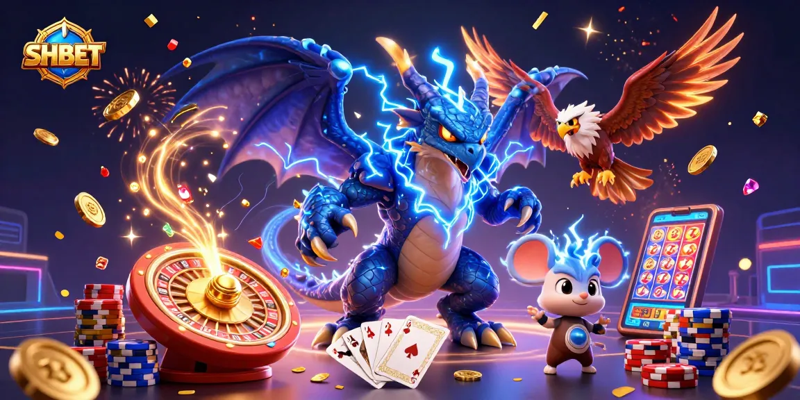 Experience the vibrant world of SHBET with a dynamic 3D casino illustration featuring gaming elements.