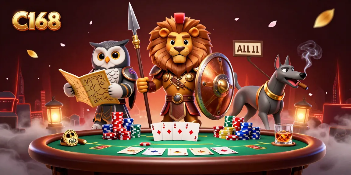 Experience thrilling gameplay with C168's vibrant casino scene featuring a Spartan lion, owl, and greyhound amidst dynamic poker elements.