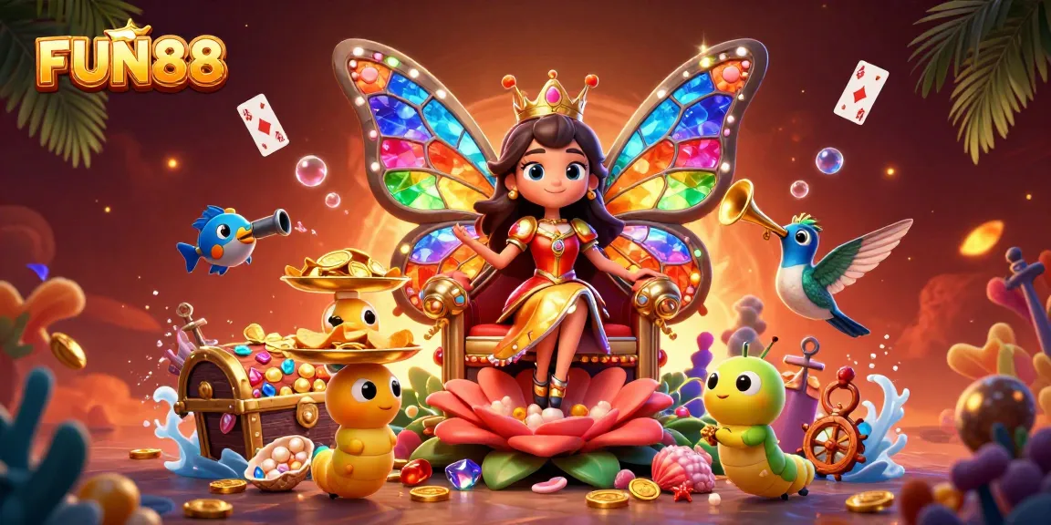 Experience the vibrant world of FUN88 with lively characters and treasures in a casino scene.